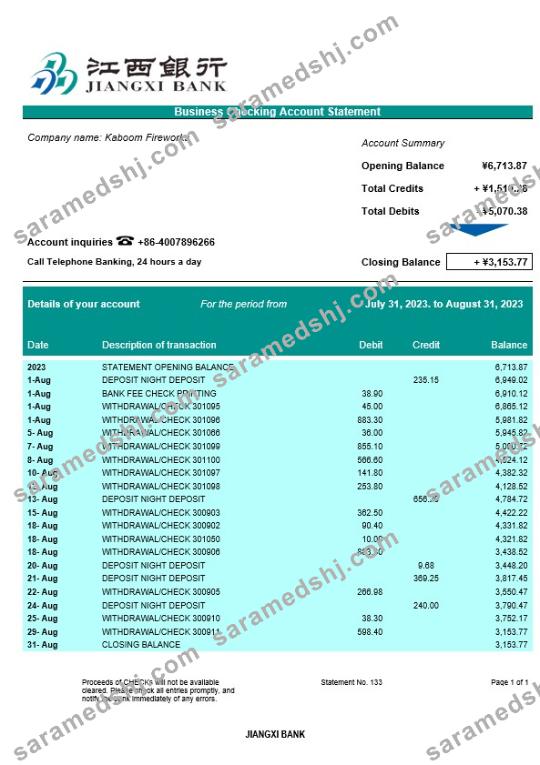 Jiangxi Bank business checking account statement Word and PDF template